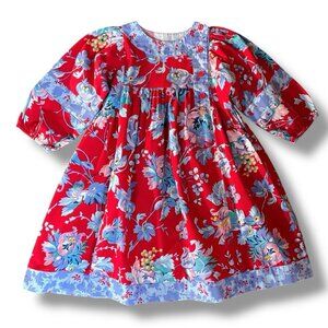 Vintage 90s Mousefeathers Girls Peasant Dress Sz 4 Boho Red Floral Midi A-line